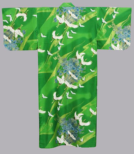 Kimono Kranich grün (auch in blau und rot) aus Baumwollsatin